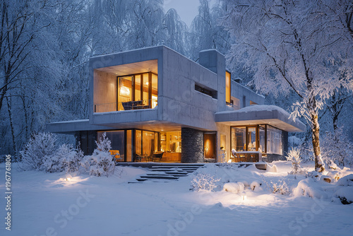 Modern house covered in fresh snow in winter landscape with warm glowing lights creating cozy and inviting atmosphere surrounded by snow covered trees and bushes