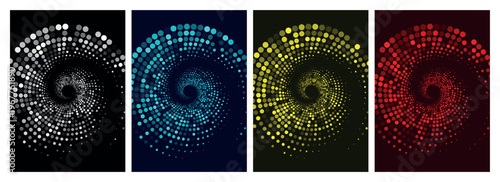 A vibrant triptych displays three swirling vortexes of dots each rendered in a different color scheme high-quality