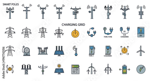 Smart Poles and Charging Grid Icons: Modern City Infrastructure and Energy Solutions