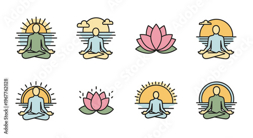 Zen Meditation Icons: Lotus Flower, Sunrise, Person in Yoga Pose, Calm Water