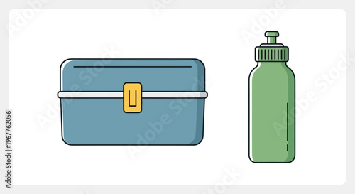 Blue Lunch Box and Green Water Bottle Flat Design