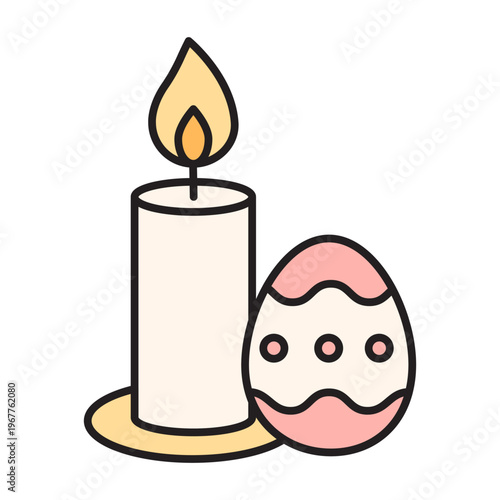 Easter candle with painted egg icon. Religious holiday symbol with editable stroke and color fill. Minimalist line art vector for spring celebration and Christian tradition designs.