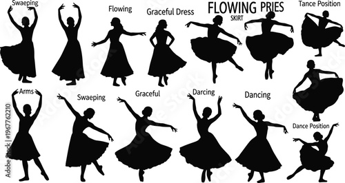 Elegant dancing woman silhouette vector collection, graceful female poses with flowing skirts, perfect for ballet, performance, fashion, and dance design themes