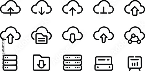 Cloud storage and server icons for data management and online storage solutions