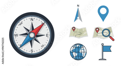 Compass, Map Icons, Globe: Navigation, Travel, Location & Direction Set
