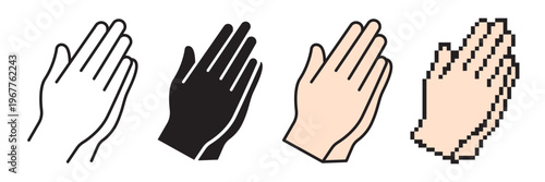 Praying hands vector icon set. Includes linear outline, flat color fill, solid silhouette, and pixel art. Easter religious faith symbol bundle. Minimalist spiritual devotion and prayer signs.