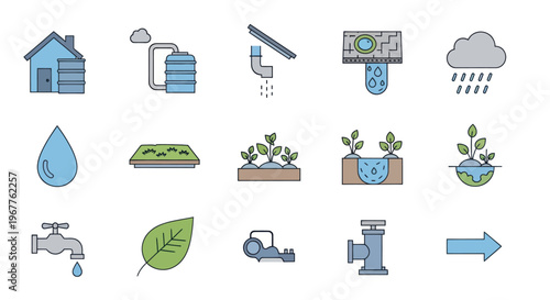 Water Conservation Icons: Rain Harvest, Irrigation, Plants, Water Drop, Tap