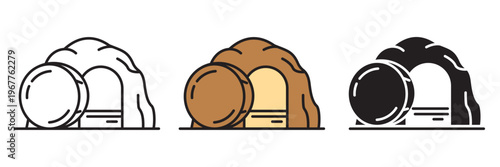 Easter empty tomb icon set. Includes linear editable stroke, flat color fill, and solid silhouette versions. Jesus Christ resurrection religious faith vector symbols. Minimalist spiritual signs.