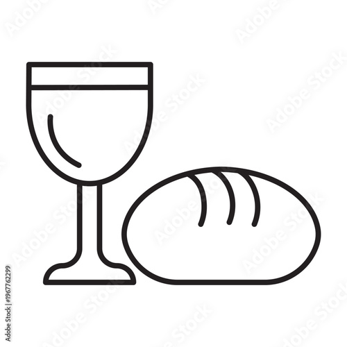 Minimalist linear icon of communion bread and a wine chalice. Editable stroke vector illustration for Easter, representing the Last Supper, Eucharist, and religious faith.