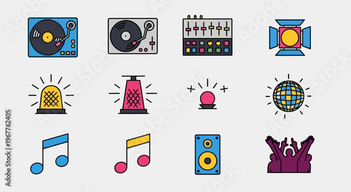 Dj Equipment Icons: Turntable, Mixer, Speaker, Lights, Music Notes, Disco Ball