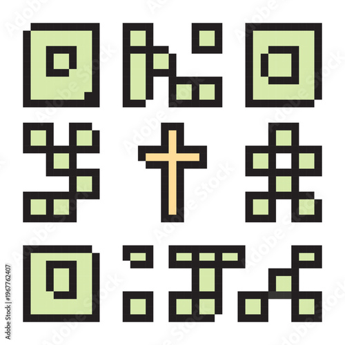 A stylized green pixel art QR code featuring a golden christian cross in the center. Modern flat vector illustration for religious digital projects and Easter celebration.