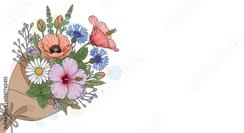 Elegant floral arrangement with various blooms and greenery on white background