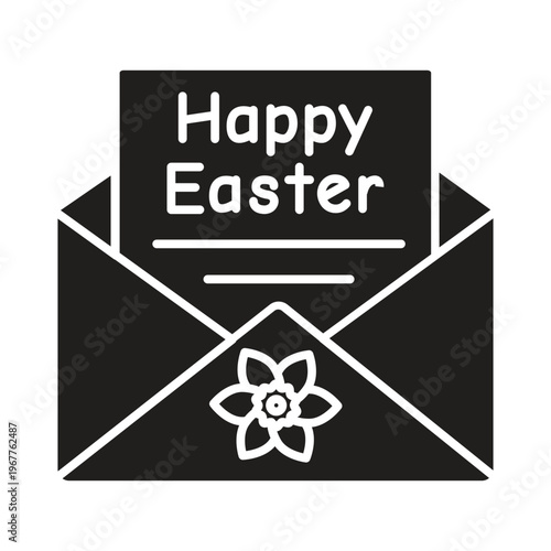 Solid vector icon of an open envelope containing a Happy Easter greeting card with a flower seal. Minimalist glyph style for spring holiday symbols.