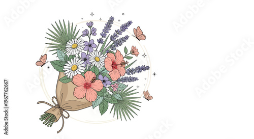 Elegant floral bouquet illustration with butterflies and copy space on white background
