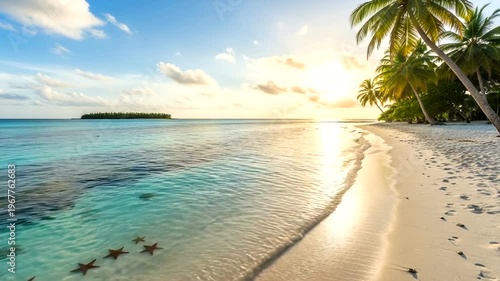 Serene Beach at Sunset with Palm Trees and Island