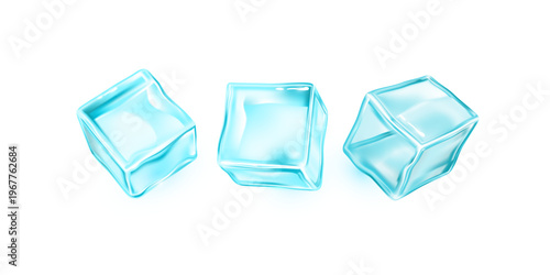 Blue ice cube set realistic 3d render transparent illustration collection frozen cubes isolated for beverage cooling refreshment drink design and summer concept