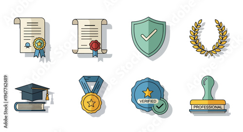 Award Icons Set: Certificate, Diploma, Shield, Laurel Wreath, Graduation Cap, Medal, Stamp
