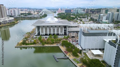 Aerial view of Tuanku Sultan Mizan Zainal Abidin Mosque, Putrajaya, Malaysia. Also known as Masjid Besi.