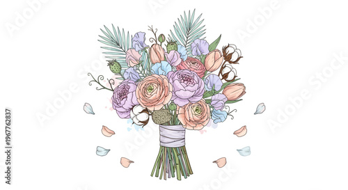 Elegant floral bouquet illustration with pastel colors and botanical details