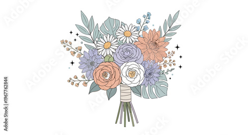 Elegant floral bouquet illustration with pastel colors and botanical elements