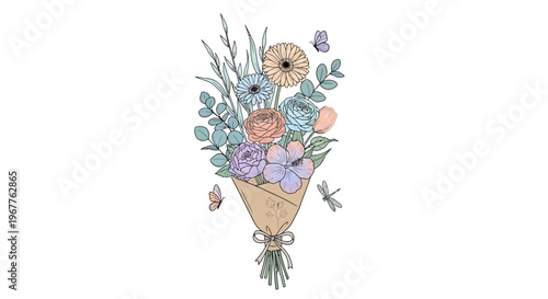 Elegant floral bouquet illustration with pastel colors and butterflies