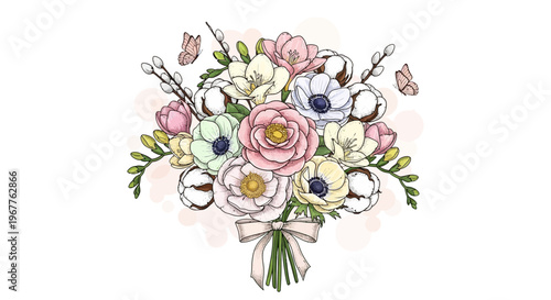 Elegant floral bouquet illustration with pastel colors and butterflies on white backdrop