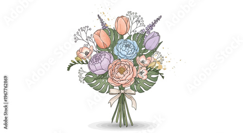 Elegant floral bouquet illustration with pastel colors and botanical elements