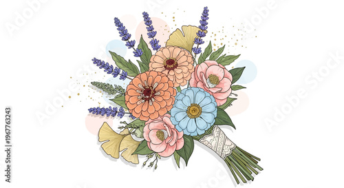 Elegant floral bouquet illustration with various colorful flowers isolated