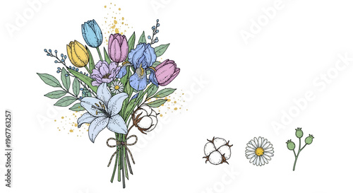 Elegant floral bouquet illustration with various colorful flowers isolated