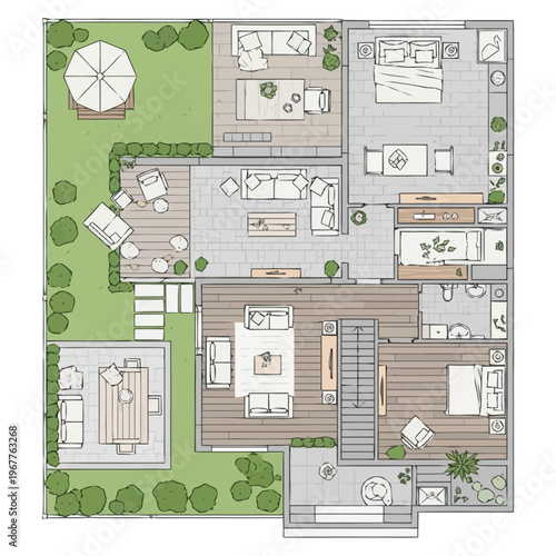 Modern Home Architectural Floor Plan Layout Showing Interior Design Detailed View Of House Rooms And Outdoor Spaces With Furniture And Landscaping
