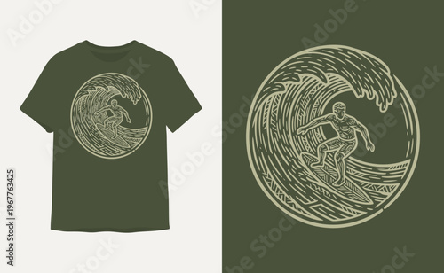 Vintage Linocut Surfer and Wave T-Shirt Design