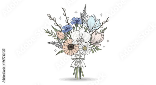 Elegant floral bouquet illustration with various flowers and subtle colors