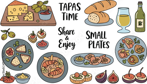 Mediterranean Tapas Small Plates Food Dining, Illustration Doodle Cartoon Collection
