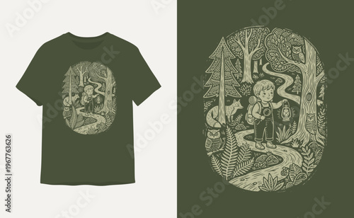 Little Explorer Boy Hiking in Forest with Lantern and Animals T-shirt Design