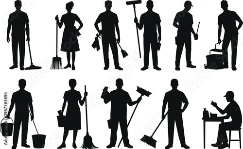silhouette, cleaning, workers, janitor, tools, broom, mop, bucket, maintenance, service, sanitation, equipment, labor, industry, professional, hygiene, manual, job, activity, people