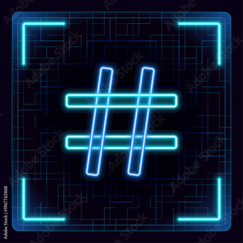 Hashtag icon symbol, popular trend, social media tags. Trending explore, marketing advertising signs. Glowing icon with border grid vector.
