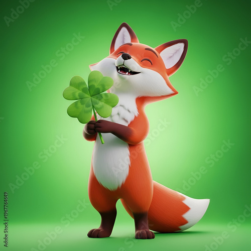 A cheerful cartoon fox holds a four leaf clover with a happy face on a green background symbolizing good luck and fortune in a playful 3d illustration
