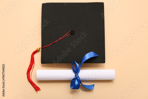 Diploma with blue ribbon an...