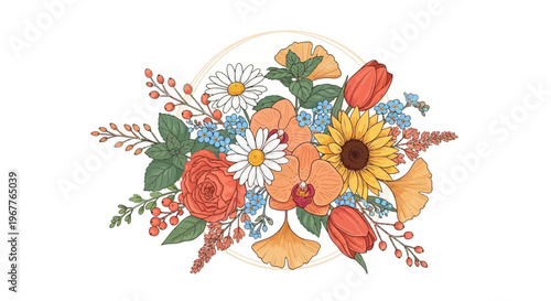 Vibrant floral arrangement with diverse blossoms and botanical elements