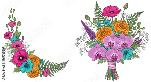 Floral arrangements decorative illustrations with colorful bouquets and elements