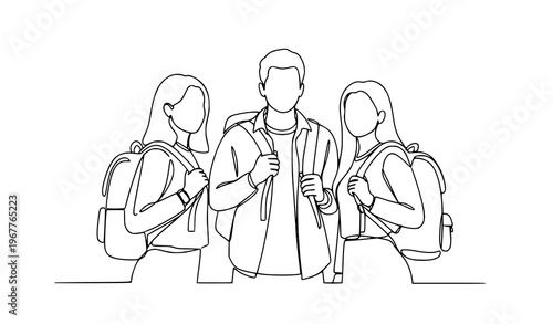 Minimal line art university students with backpacks standing study preparation vector illustration isolated on white background