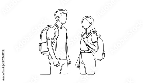 Abstract line drawing university students standing with backpacks education vector illustration isolated on white background