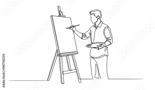 Minimal one line artist painting canvas creative concept vector illustration isolated on white background