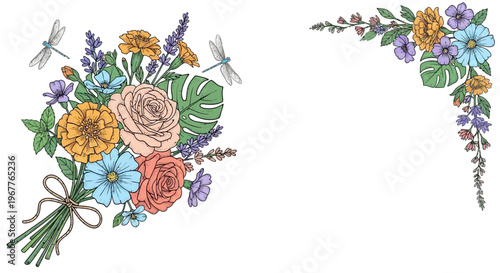 Floral bouquet and corner design elements with dragonfly decorations on white