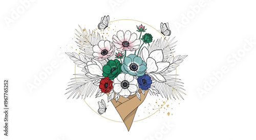 Floral bouquet illustration with colorful flowers and butterflies on white background