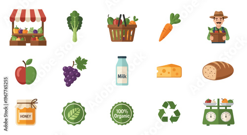 Fresh Farm Produce Icons Set: Farmer, Market, Fruits, Vegetables, Dairy, Bread