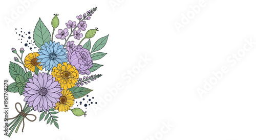 Floral bouquet illustration with various colorful flowers and leaves on white background