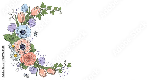 Floral crescent design with tulips roses anemone and butterflies