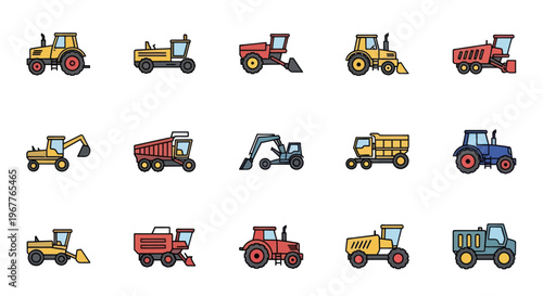 Collection of Colorful Agricultural and Construction Vehicles Icons Set