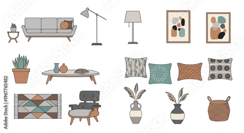 Modern Living Room Decor Set: Sofa, Coffee Table, Rug, Art, Lamps, Cushions